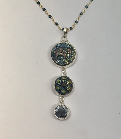 Victorian Three Button Drop Luster Glass Necklace  set in Sterling Silver Pendant w/ spinnel Stone necklace