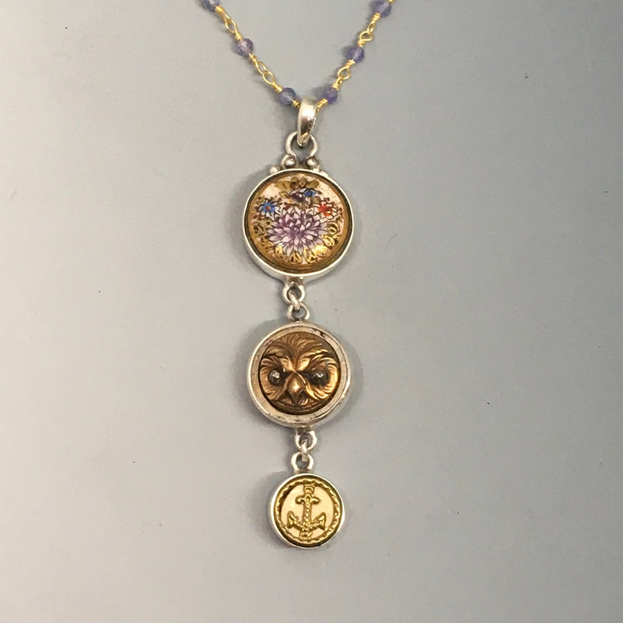Victorian Three Button Drop Necklace  set in Sterling Silver Pendant w/ pyrite Stone necklace