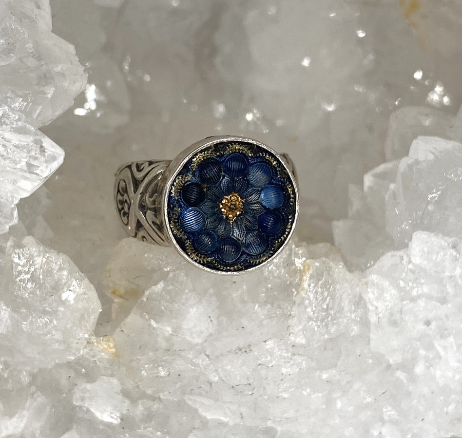 Victorian Lacy Glass Button Ring set in Sterling Silver Size 7.5