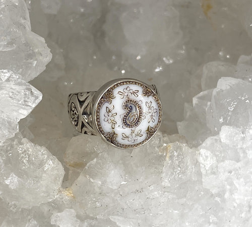 Victorian Czech Glass Button Ring set in Sterling Silver Size 7