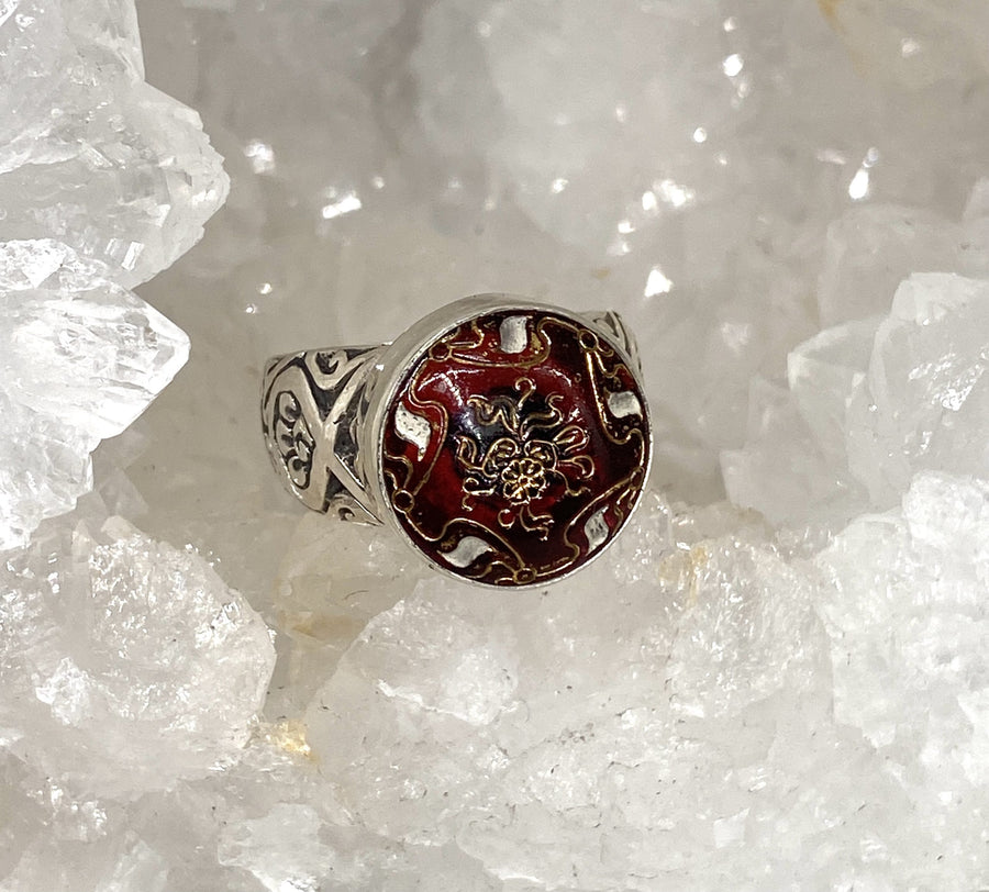 Victorian Czech Glass Button Ring set in Sterling Silver Size 7