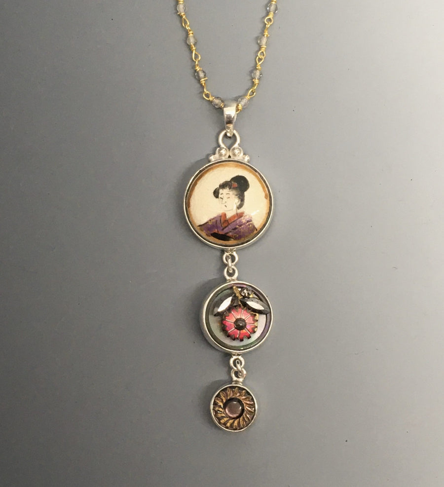 Victorian Three Button Drop Necklace  set in Sterling Silver Pendant w/ labradorite Stone necklace