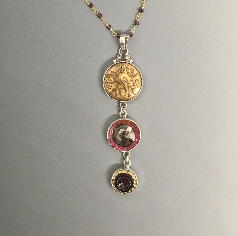 Victorian Three Button Drop Necklace  set in Sterling Silver Pendant w/ garnet Stone necklace