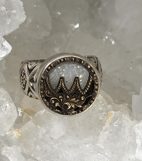 Victorian Glass in Metal Button Ring set in Sterling Silver Size 7