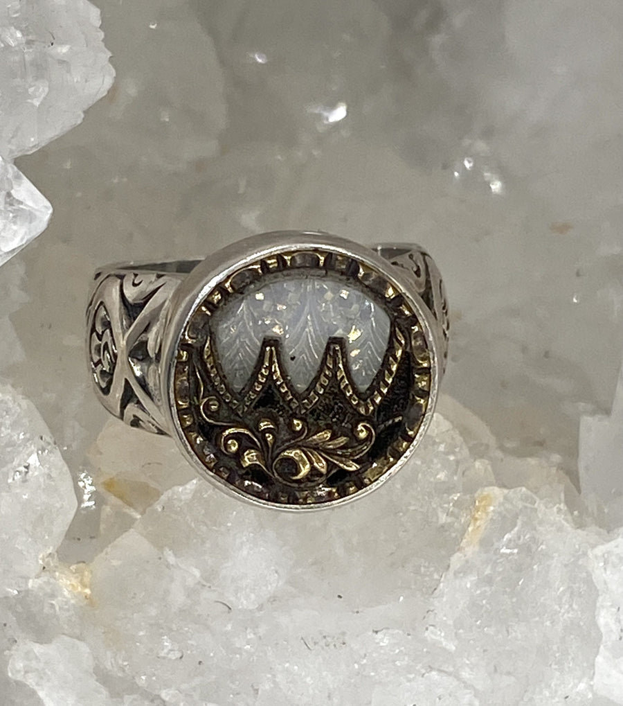 Victorian Glass in Metal Button Ring set in Sterling Silver Size 7
