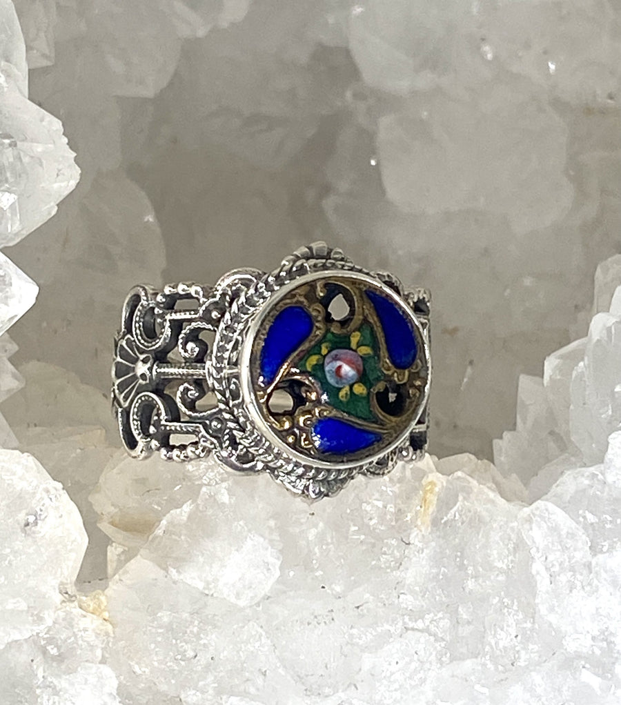 Victorian Hand Painted Enamel Button Ring set in Sterling Silver Size 7.5