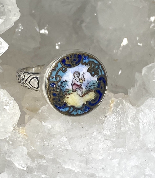Victorian Hand Painted Enamel Button Ring set in Sterling Silver Size 7.5