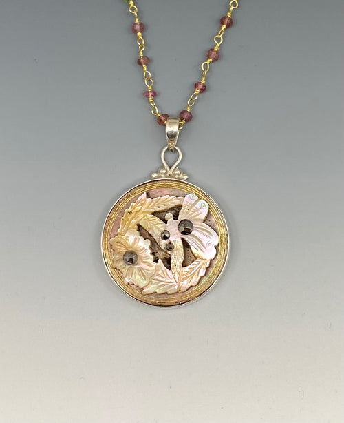Victorian Carved Shell Tinted Iridescent Butterfly Button w/ Steel Facet Accent set in Sterling Silver w/ Garnet Necklace