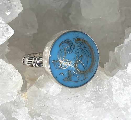 Victorian Robins Egg Blue Glass Button Ring set in Sterling Silver Size 7.5