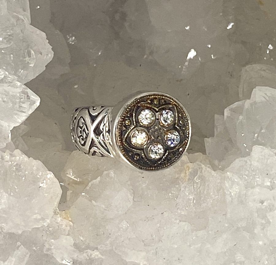 Victorian Czech Glass Button Ring set in Sterling Silver Size 7.5
