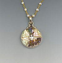 Victorian Carved Shell Tinted  Button w/ Aquamarine Facet Stone Center set in Sterling Silver w/ Pearl Necklace