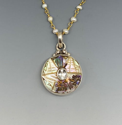 Victorian Carved Shell Tinted  Button w/ Aquamarine Facet Stone Center set in Sterling Silver w/ Pearl Necklace