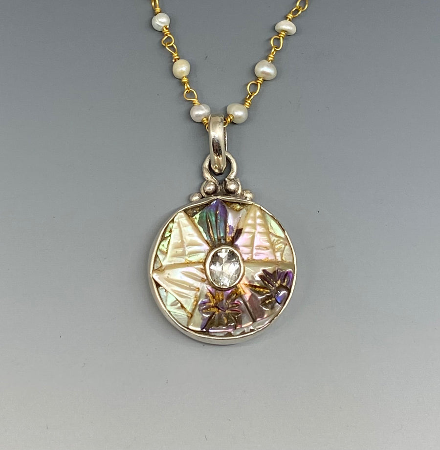Victorian Carved Shell Tinted  Button w/ Aquamarine Facet Stone Center set in Sterling Silver w/ Pearl Necklace