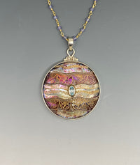 Victorian Carved Shell Tinted Button set in Sterling Silver w/ Aquamarine Center Stone & Tanzanite Necklace