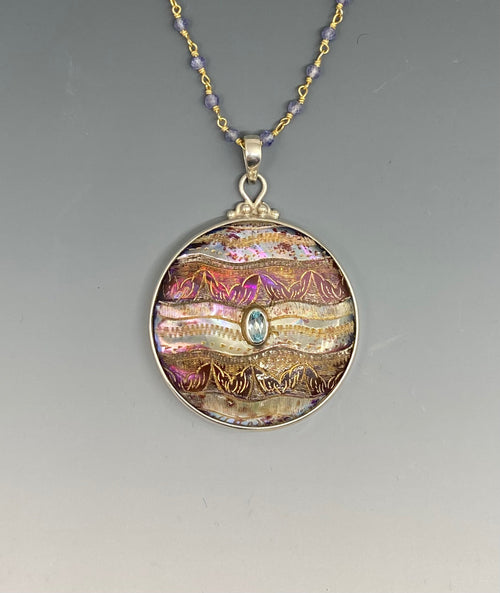 Victorian Carved Shell Tinted Button set in Sterling Silver w/ Aquamarine Center Stone & Tanzanite Necklace