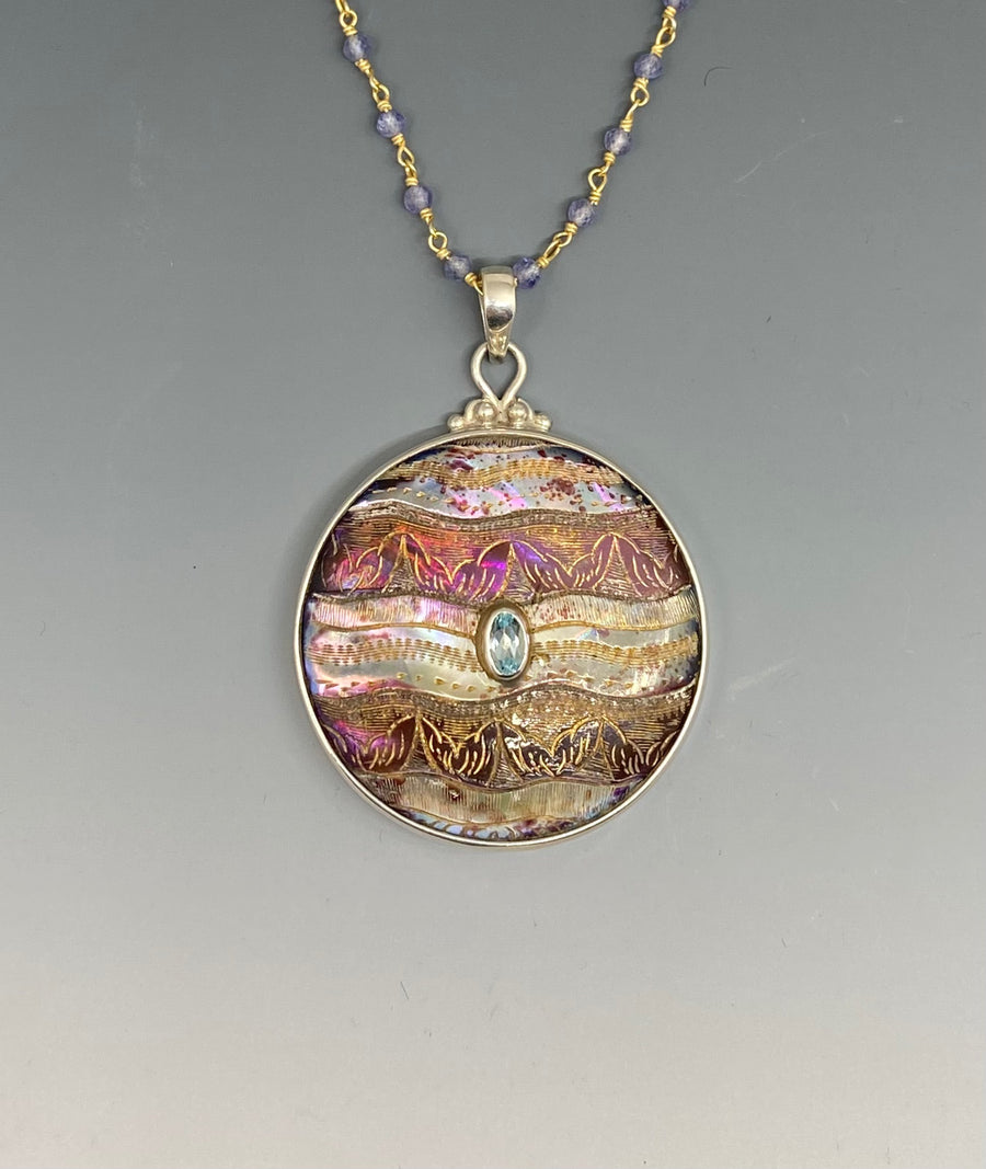 Victorian Carved Shell Tinted Button set in Sterling Silver w/ Aquamarine Center Stone & Tanzanite Necklace