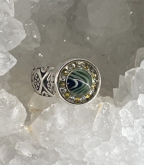 Victorian Glass in Metal Button Ring set in Sterling Silver Size 7.5