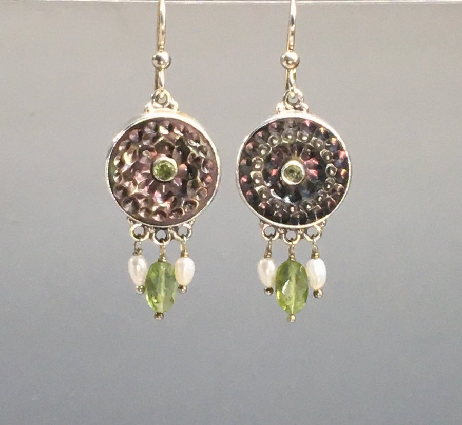 Victorian Carved Pearl floral Button w/ Tourmaline Stone center set in Sterling Silver Earring w/ Peridot & pearl accent