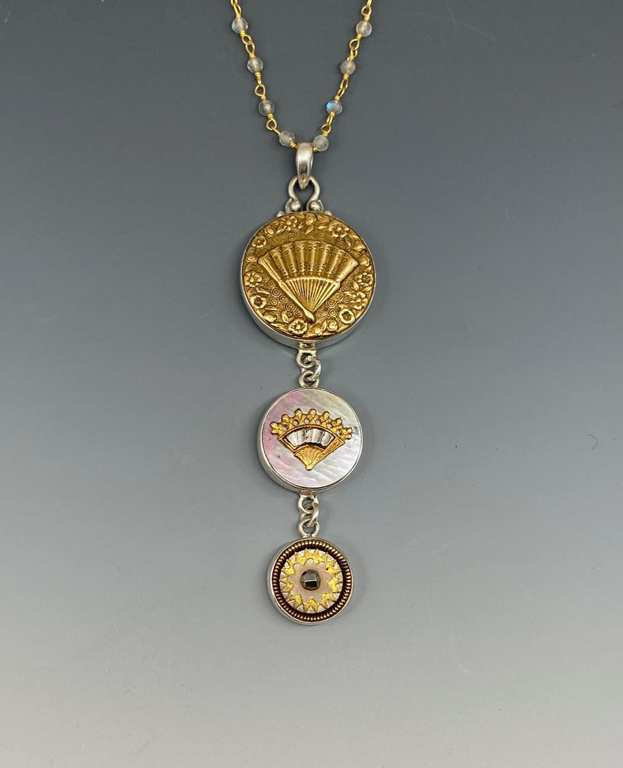 Victorian Three Button Drop w/Fans set in Sterling Silver Accented with Labradorite Stone Necklace