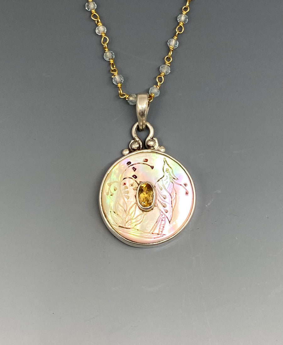 Victorian Carved Shell Tinted Bird Button set in Sterling Silver w/ Aquamarine Necklace