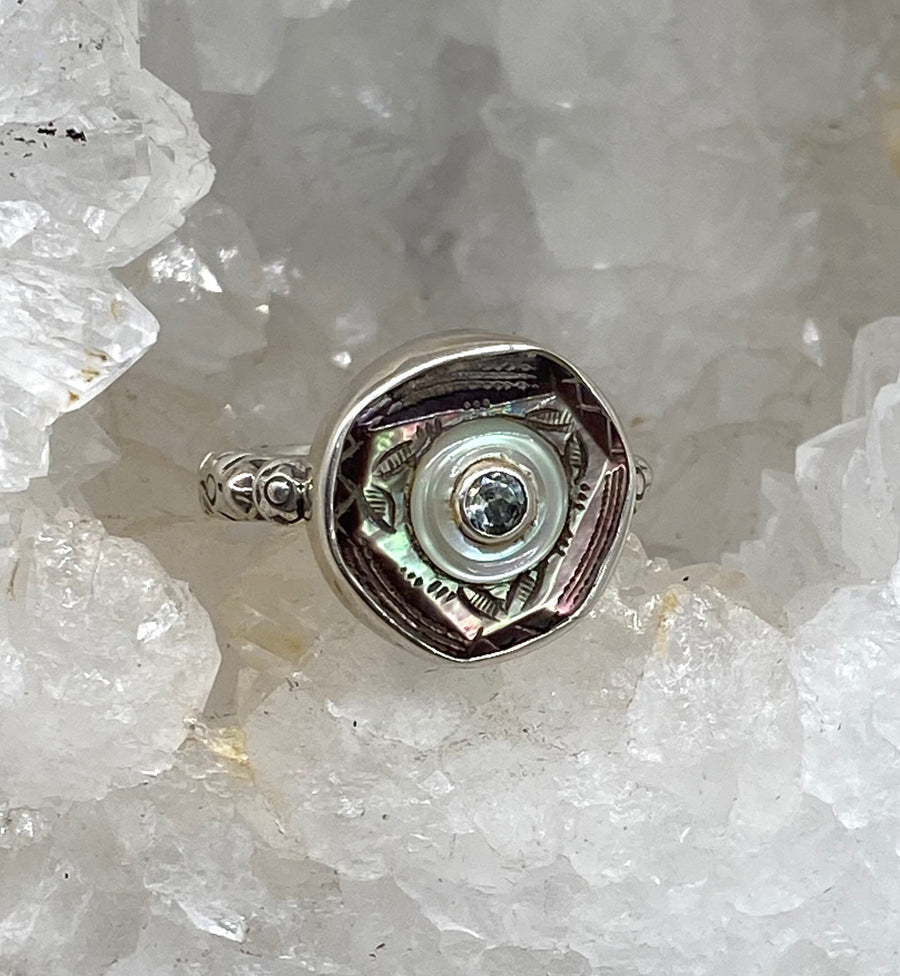 Victorian Carved Tinted Shell Button with Green Tourmaline stone Center set in Sterling Silver Ring Size 7.5