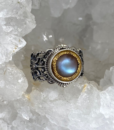 Victorian Saphiret Glass set in set Metal Buttons Czech Republic set in sterling Silver Ring Size 7.5