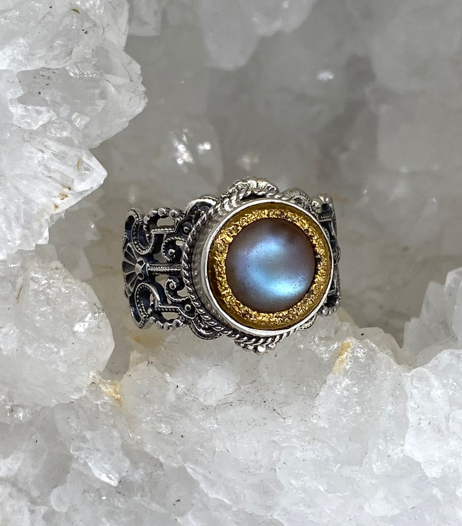 Victorian Saphiret Glass set in set Metal Buttons Czech Republic set in sterling Silver Ring Size 7.5
