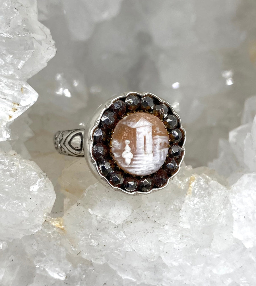 Victorian Carved Cowry Shell Village Scene set in Steel Button set in Sterling Silver Ring Size 7.5