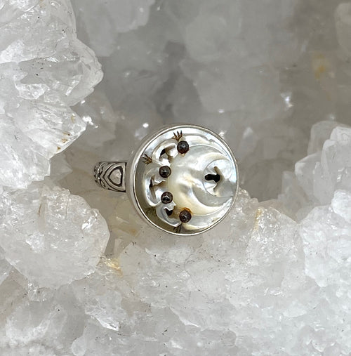Victorian Carved Moon Shell Button  set in Sterling Silver Ring Size 7.5