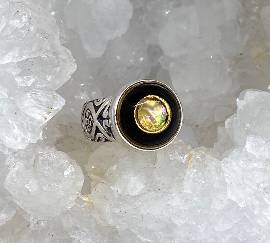 Victorian Glass in Metal Button set in Sterling Silver Ring Size 7.5