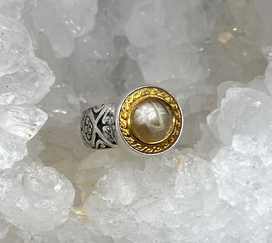 Victorian Iridescent Domed Glass in Metal Button set in Sterling Silver Ring Size 8