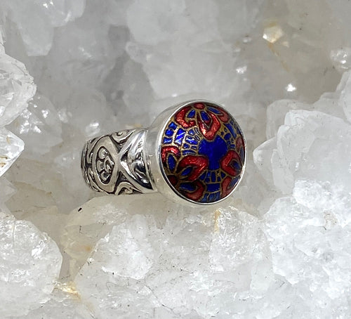 Victorian Hand Painted Floral Blue & Red Button set in Sterling Silver Ring Size 8