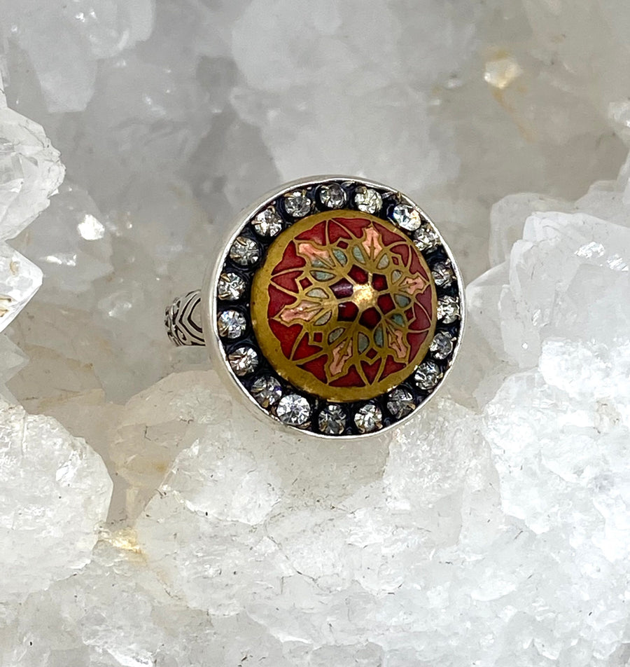 Victorian Hand Painted Domed Enamel Button w/ Rhinestone Border set in Sterling Silver Ring Size 8