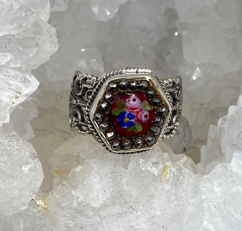 Victorian Hand Painted Floral Button w/ Steel Facet Border Button set in Sterling Silver Filigree Ring Size 8.5