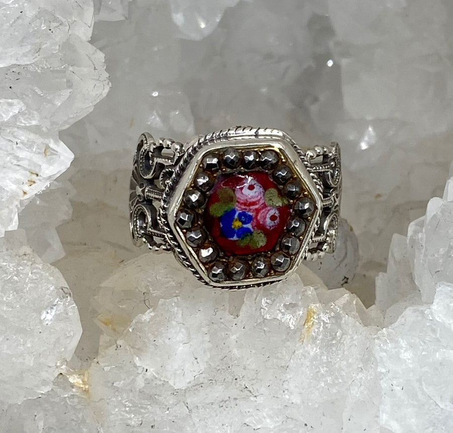 Victorian Hand Painted Floral Button w/ Steel Facet Border Button set in Sterling Silver Filigree Ring Size 8.5
