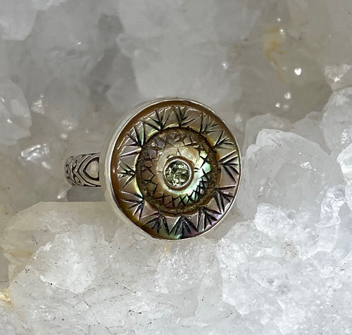 Victorian Carved Shell W/ Tourmaline Center Button set in Sterling Silver Ring Size 8.5