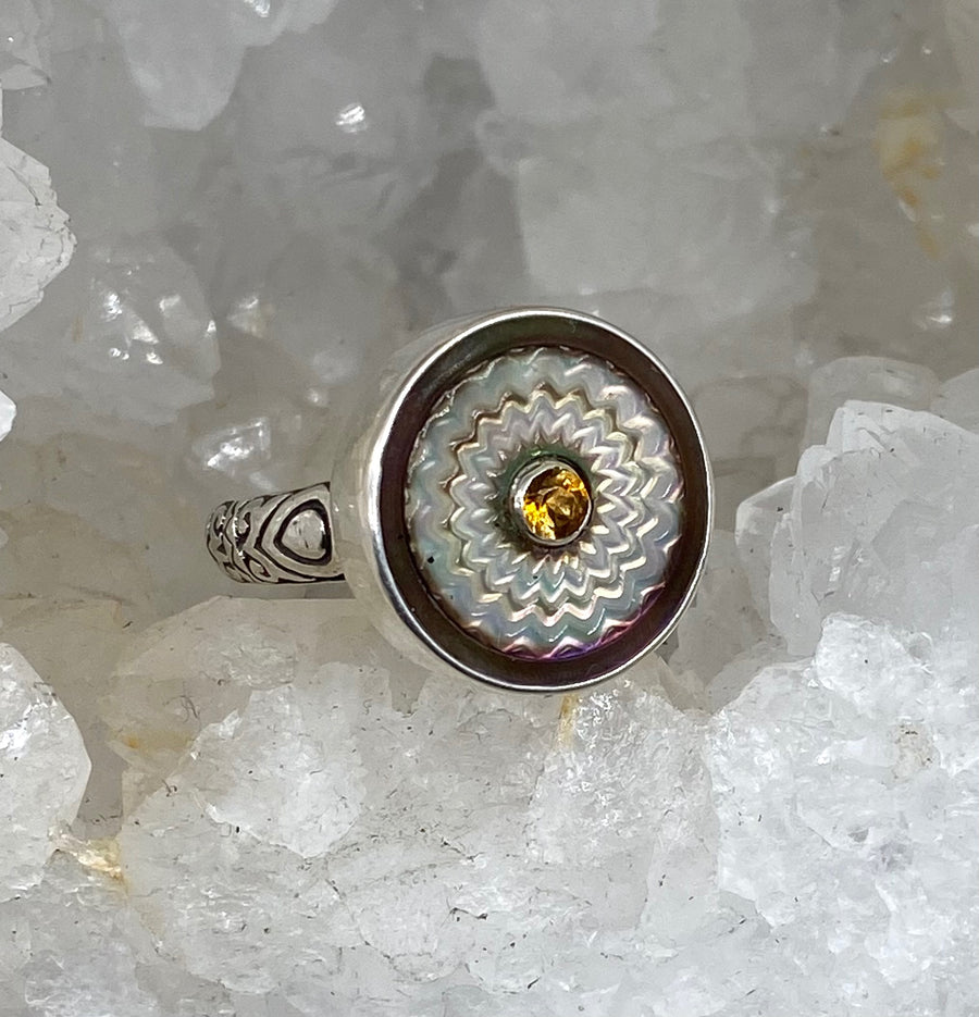 Victorian Carved Shell W/ Tourmaline Center Button set in Sterling Silver Ring Size 8.5