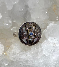 Victorian Carved Shell Grapes w/ Steel Facet Accent W/ Iolite Center Button set in Sterling Silver Ring Size 8.5