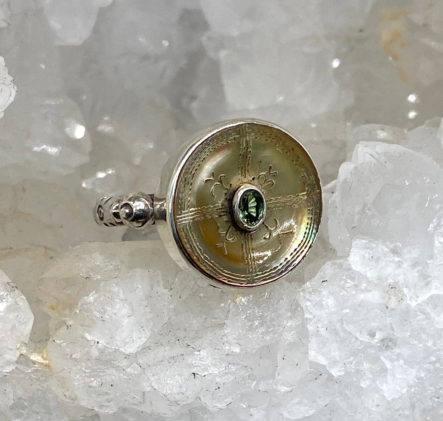 Victorian Carved Shell W/ Tourmaline Center Button set in Sterling Silver Ring Size 8.5