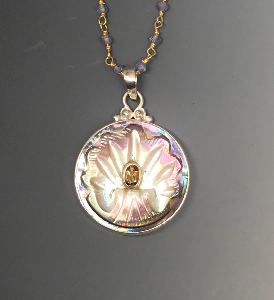 Victorian Carved Pearl Button w/ Tourmaline Center set in Sterling Silver Pendant w/ Tanzanite Stone Necklace