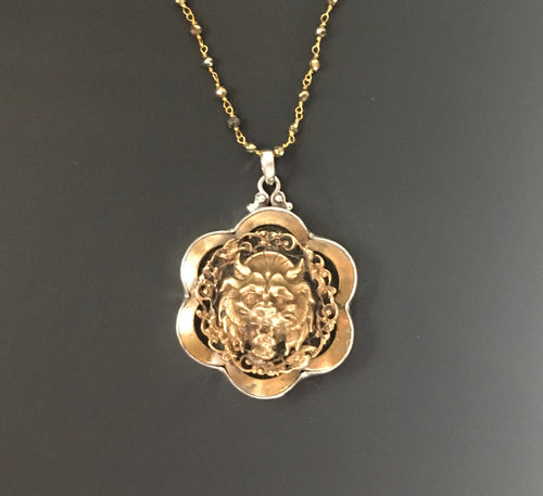 Beautiful Victorian Raised Lions Head Antique Button Set in Sterling Silver Pendant w/ Pyrite Stone Necklace