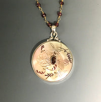 Victorian Carved Shell Button W/ Garnet Stone Center set in Sterling silver Pendant w/ Garnet Stone Necklace