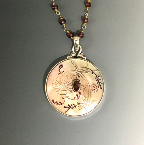 Victorian Carved Shell Button W/ Garnet Stone Center set in Sterling silver Pendant w/ Garnet Stone Necklace