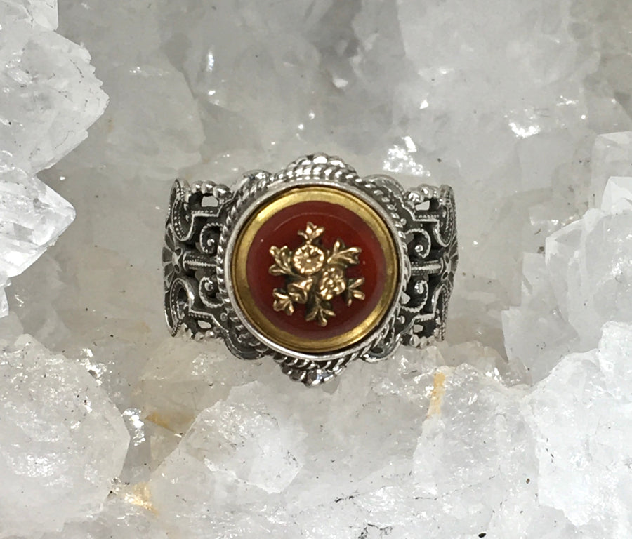 Victorian Floral Metal on Glass Button set in Sterling Silver Filigree Ring Size 8