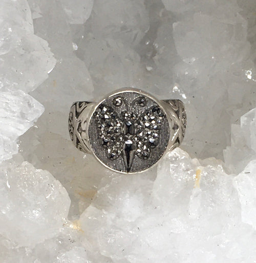Victorian Luster Glass Butterfly Button set in sterling silver ring Size 7.5