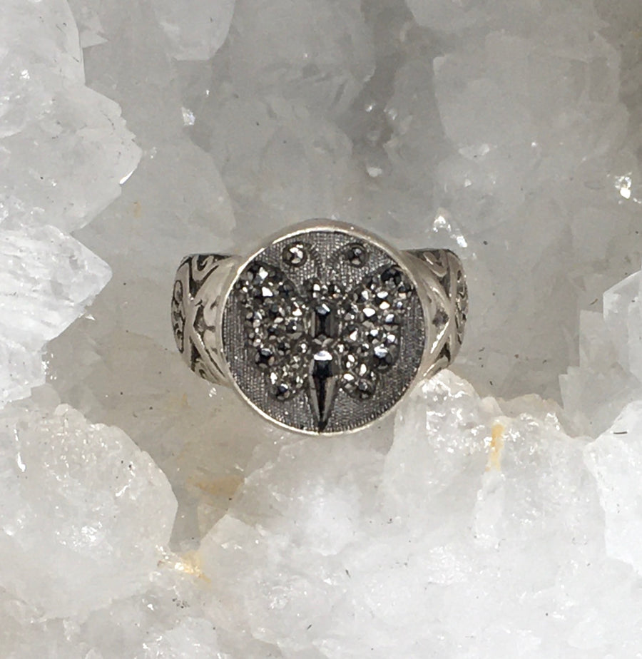 Victorian Luster Glass Butterfly Button set in sterling silver ring Size 7.5