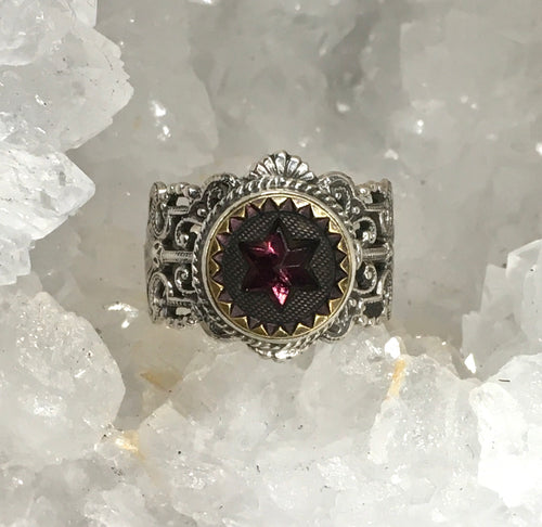 Victorian Purple Glass Star in Metal Button set in Sterling Silver Filigree Ring Size 7