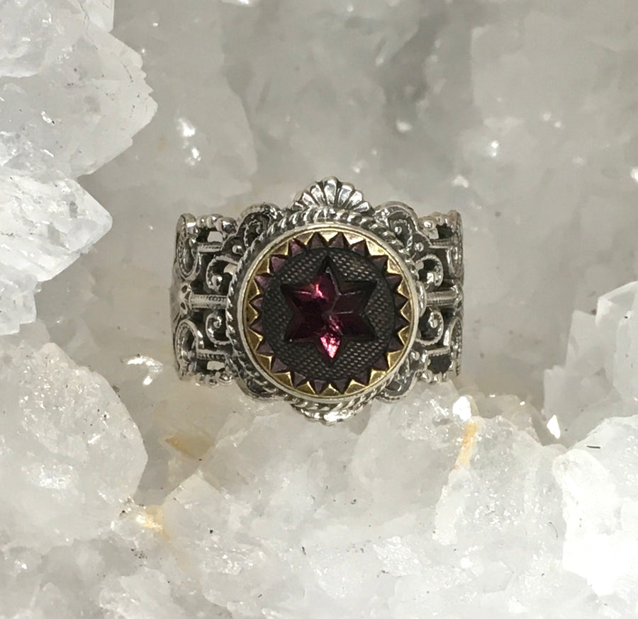 Victorian Purple Glass Star in Metal Button set in Sterling Silver Filigree Ring Size 7
