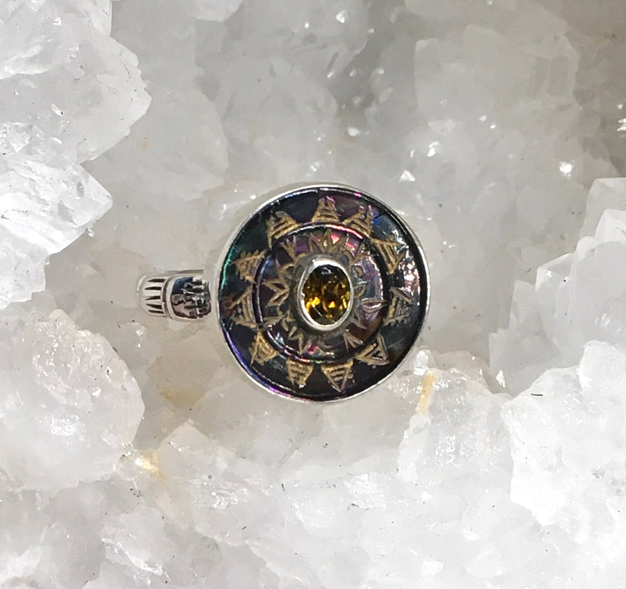 Victorian Carved Shell Button w/ Amethyst Stone Center Button set in Sterling Silver Ring Size 7