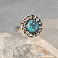 Blue Glass with Rhinestone Border Narrow band ring Size 7